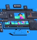 Editing software for importing, saving, viewing, organizing, tagging, editing, and sharing large numbers of digital images. Presets for many photos. App for photographers. Processing Photo displayed on computer monitor. Fake 3d vector illustration