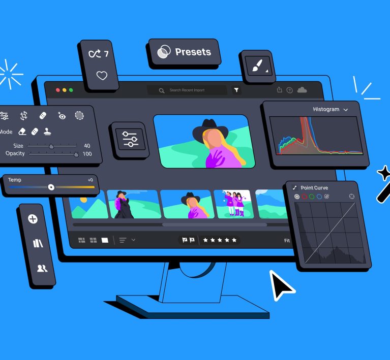 Editing software for importing, saving, viewing, organizing, tagging, editing, and sharing large numbers of digital images. Presets for many photos. App for photographers. Processing Photo displayed on computer monitor. Fake 3d vector illustration