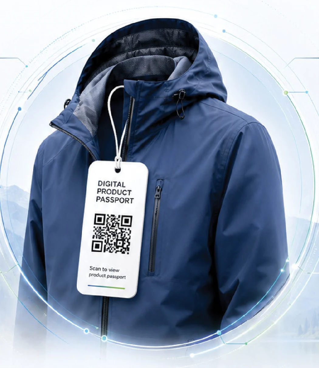 Navy jacket with a Digital Product Passport label, connecting the garment to its product information.