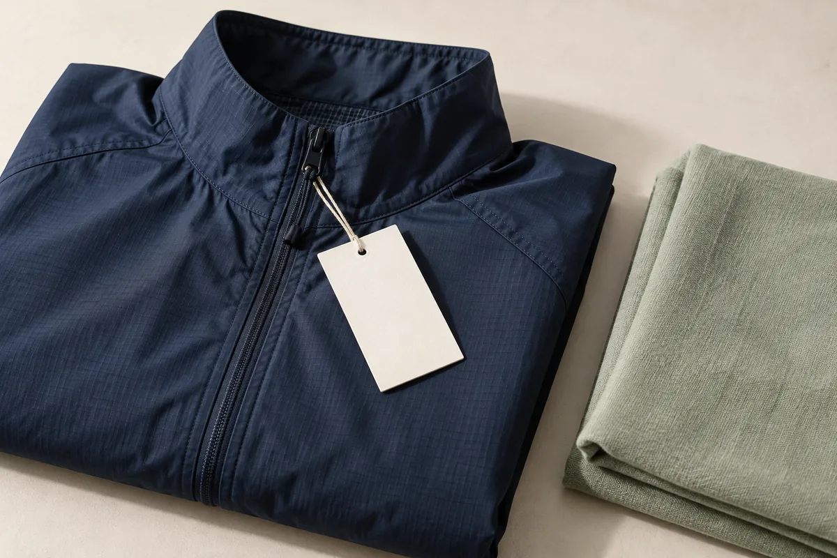 Close-up of a navy technical garment, a blank product tag and sage-coloured fabric showing material and construction details.
